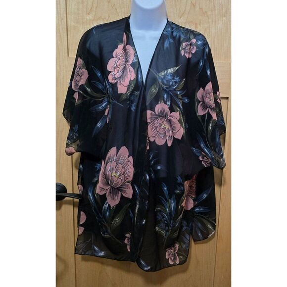 Falls Creek Tops - Floral Kimono Cardigan With Pink & Green Flowers On Black Sheer Fabric